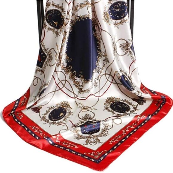 Women's Fashion Red or Blue Print Square Scarf Soft Satin Silky Shawl Scarves - Picture 5 of 10